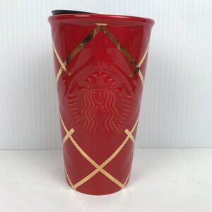 Starbucks Holiday Ceramic Travel Tumbler with Lid 10oz Red Gold Ribbon